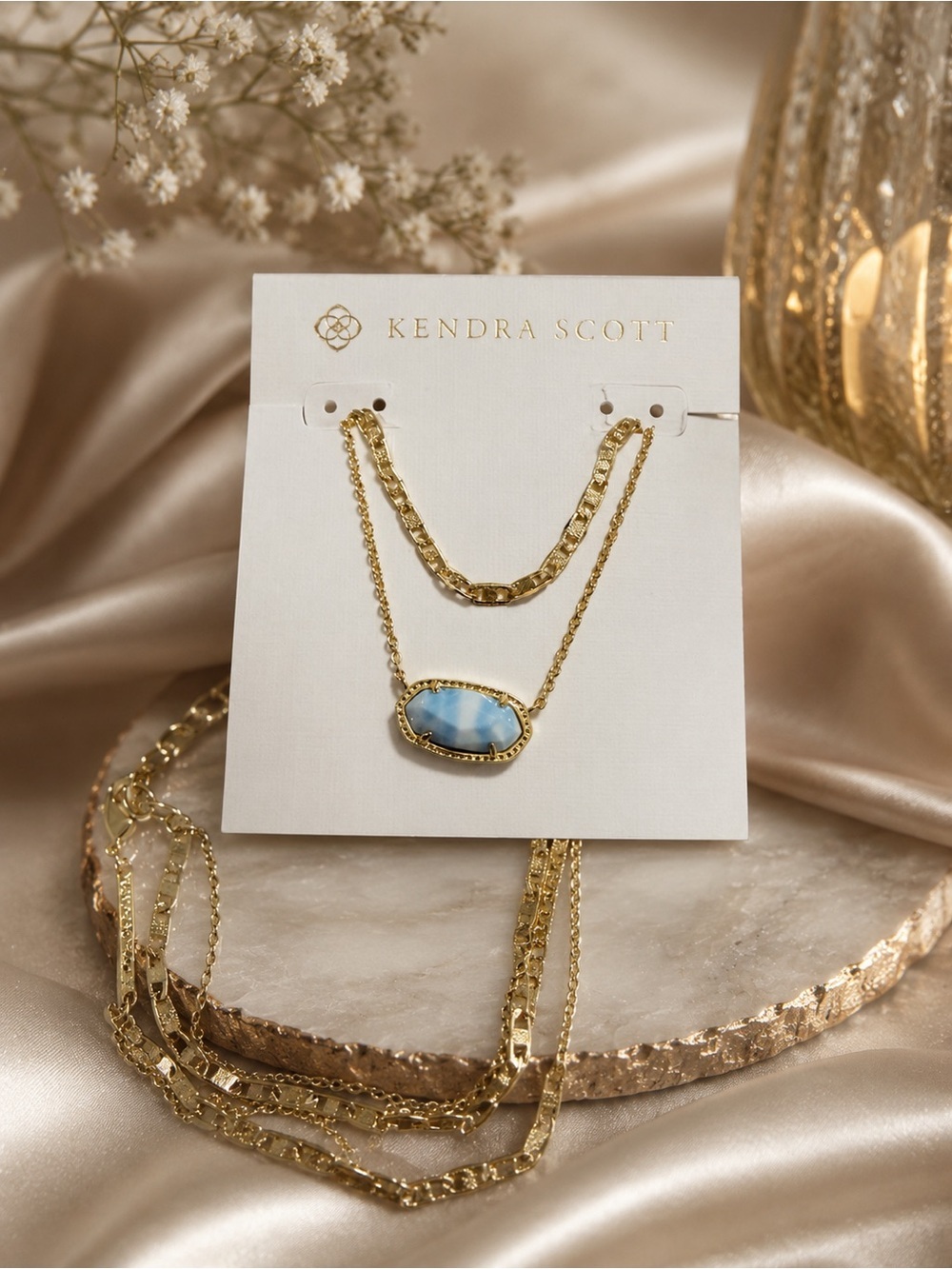 Kendra Scott Elisa Pendant Gold Layered Necklace with Sky Blue Stone